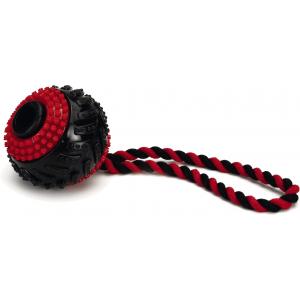Afbeelding TPR tire bal aan slingerkoord hondenspeeltje zwart/rood 9 cm door Huisdierexpress.nl